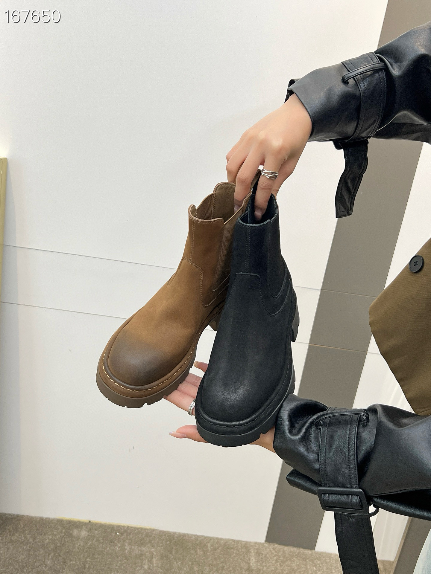 Boot nữ da bò cổ thấp đế xuồng dày khóa kéo bên — Màu đen, Màu Kaki chi tiết 8