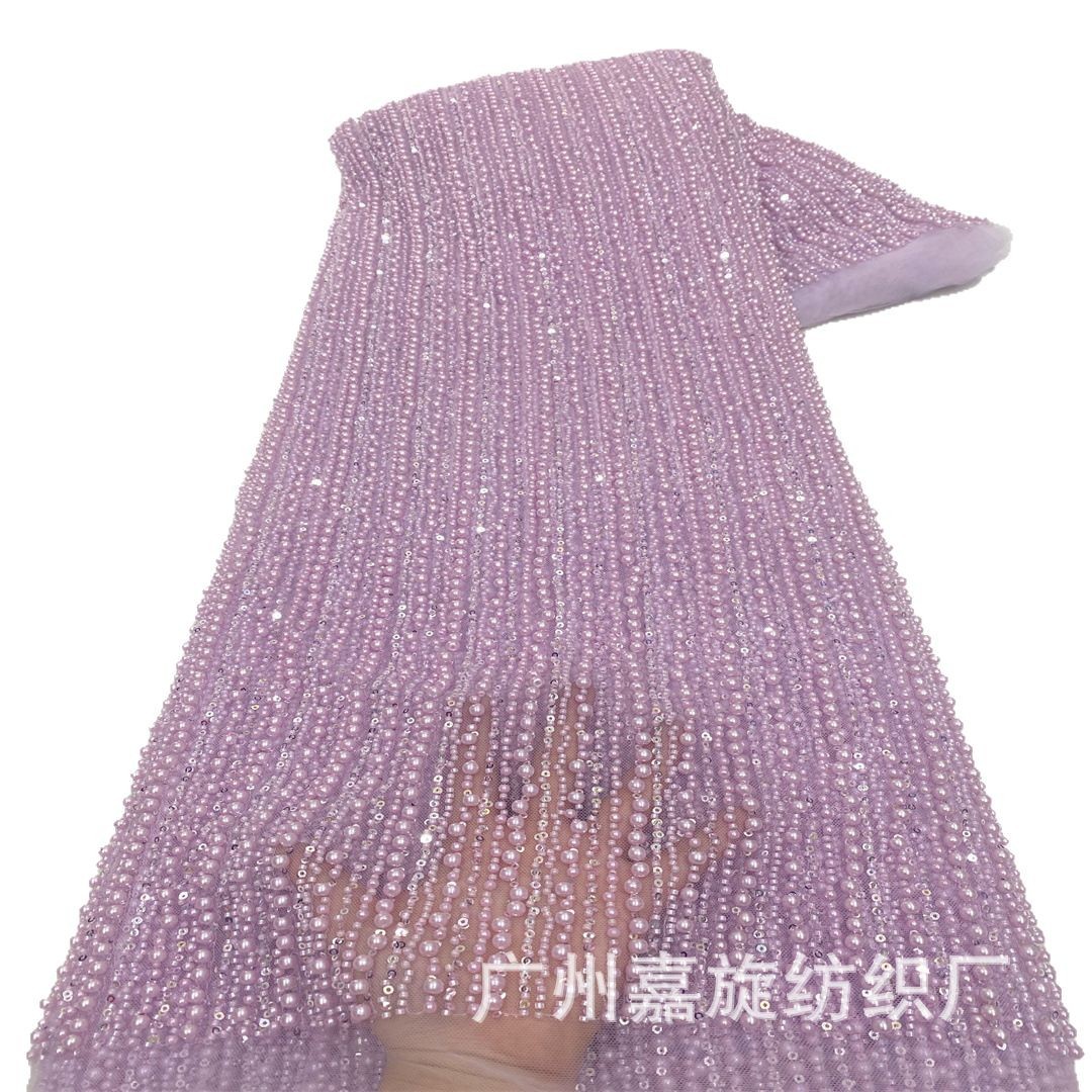 Tela de encaje de moda con bordado floral de cuentas y rayas verticales estilo francés, con abundantes cuentas, elegante para vestido de novia o de noche.