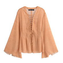 外贸批发夏季新款欧美风系带装饰雪纺宽松衬衫1284892