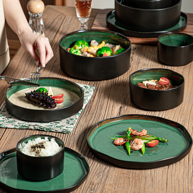 Manufacturer Wholesale Green Tableware Bowls and Dishes Ceramic Tableware Underglaze Color Salad Bowls Soup Bowls Cross-Border Pasta Bowls