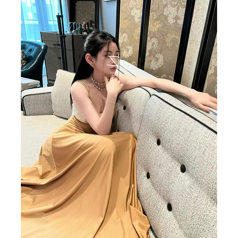 现货小香风立体花朵低胸拼色缎面收腰A字背心裙显瘦礼服连衣裙长|undefined