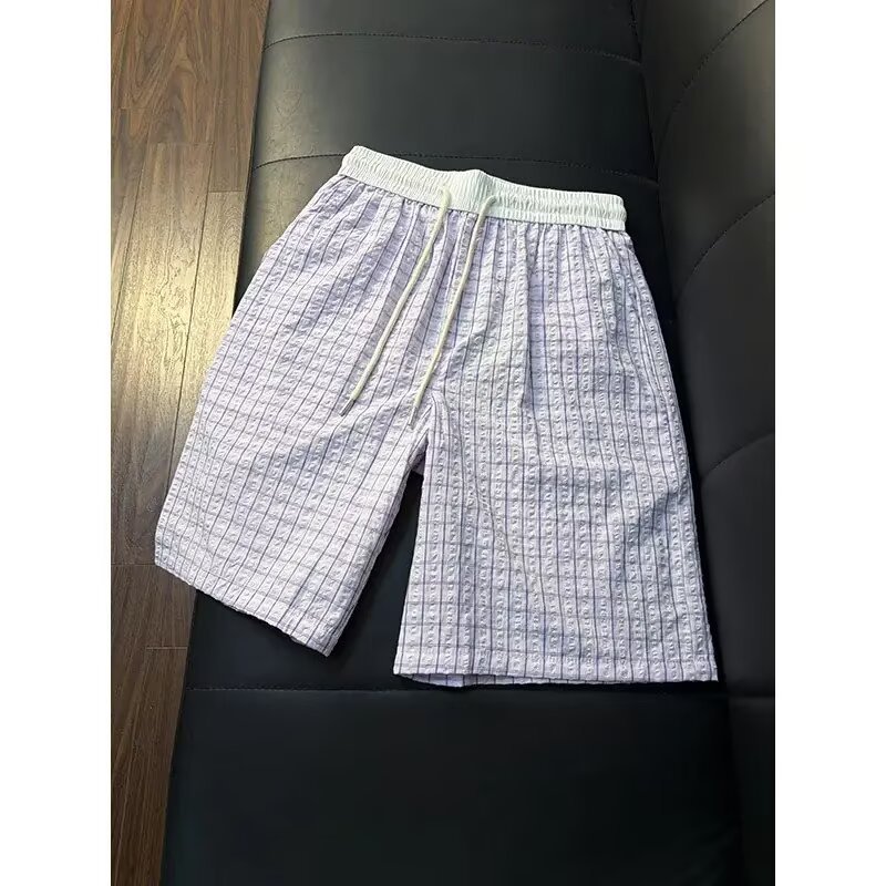 Men's Thin Seersucker Ice Silk Plaid Quick Drying Beach Shorts Summer Athletic Capri Pants_viptrois.com