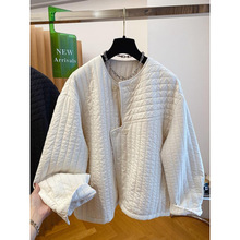 圆领绗缝轻薄棉服女冬季2025新款宽松休闲不规则门襟夹棉外套上衣