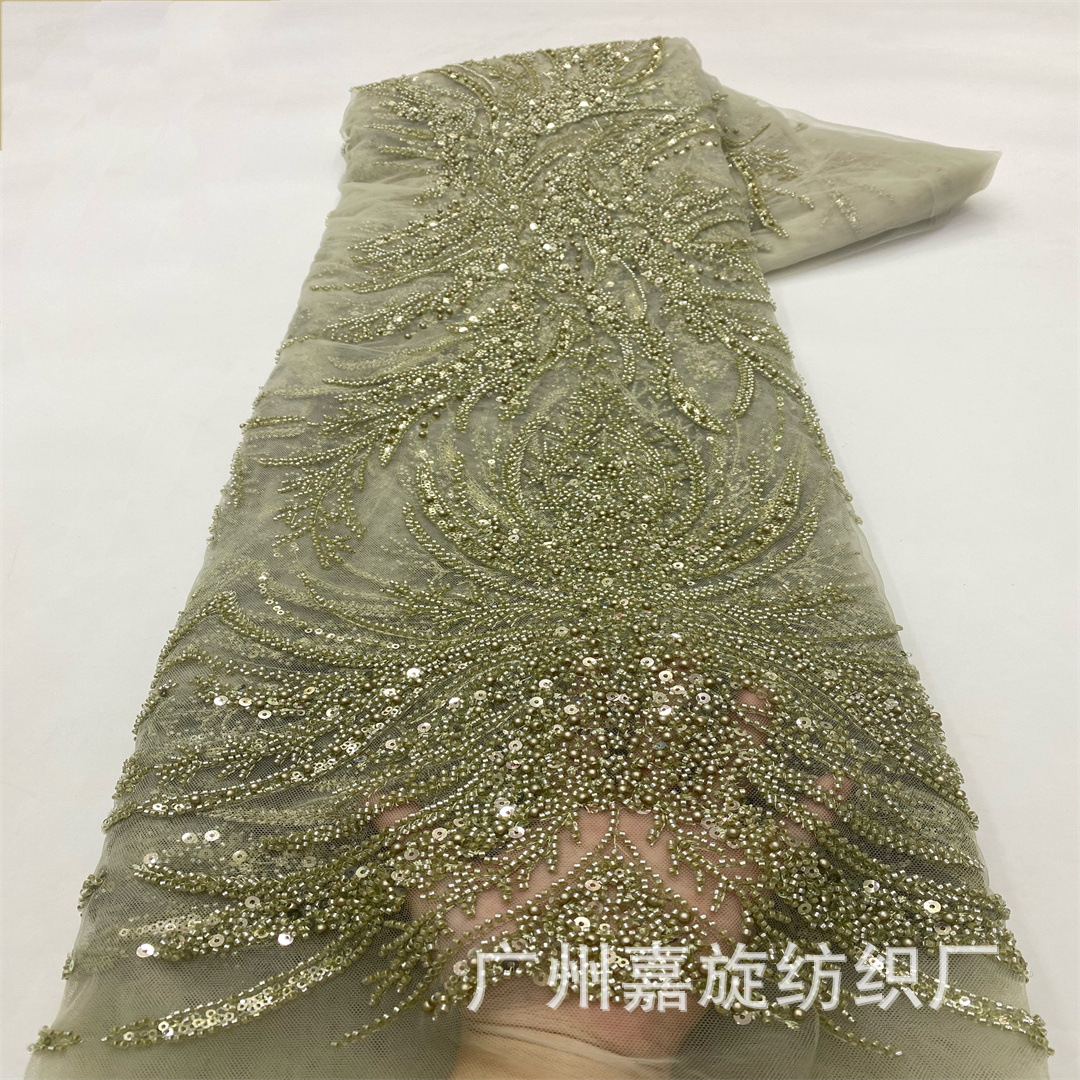 Tela de encaje con cuentas y lentejuelas 3D con patrón floral de alta resistencia, en stock, para vestido de novia.