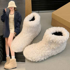韩系加绒保暖毛毛鞋女秋冬季外穿羊羔卷毛短靴可爱增高雪地靴棉鞋