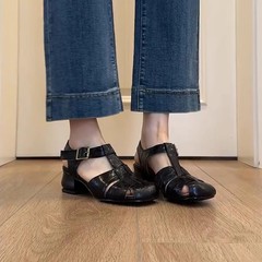 シープスキンバージョン～ニッチな編み込みつま先中空ワンラインストラップ太ヒールローマンシューズ、女性用、多用途で疲れにくいサンダル