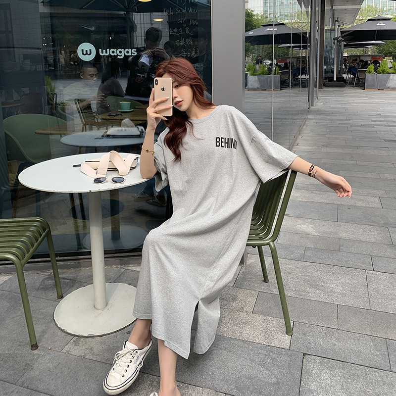 Lazy T-Shirt Dress for Women, Summer Nightgown, Simple New Style, Loose Fit for Petite Figures, Simple Maternity Over-The-Knee Long Dress