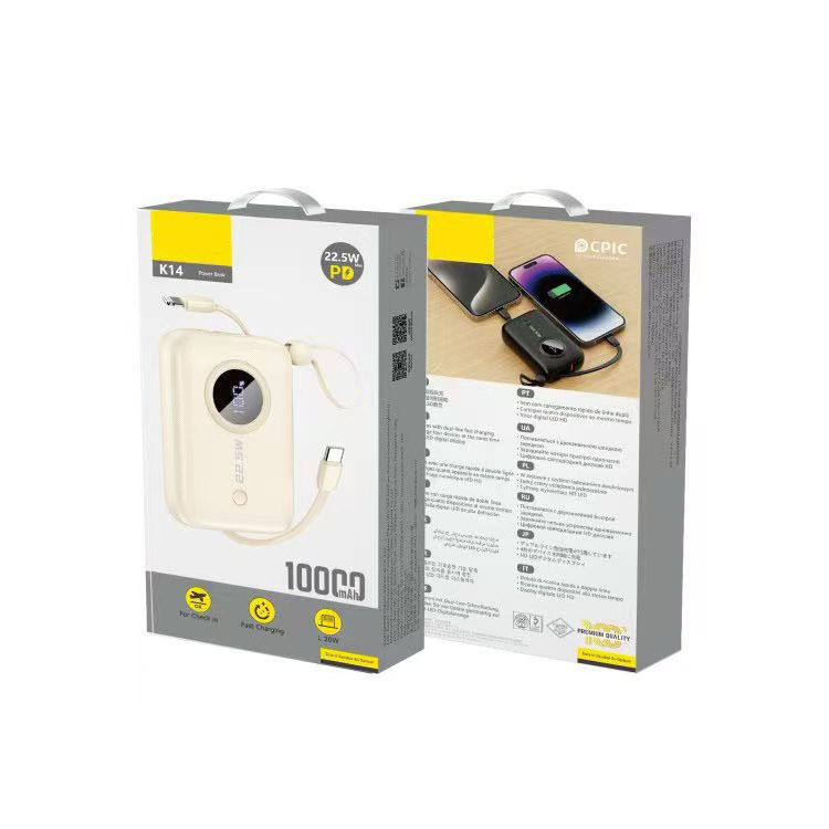 K14 10000Mah Super Fast Charging Power Bank with Dual Cables, Palm-Sized Portable Travel Essential