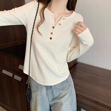 胖MM大码300斤长袖T恤秋季显遮肚显纯色正肩V领上衣弧形下摆