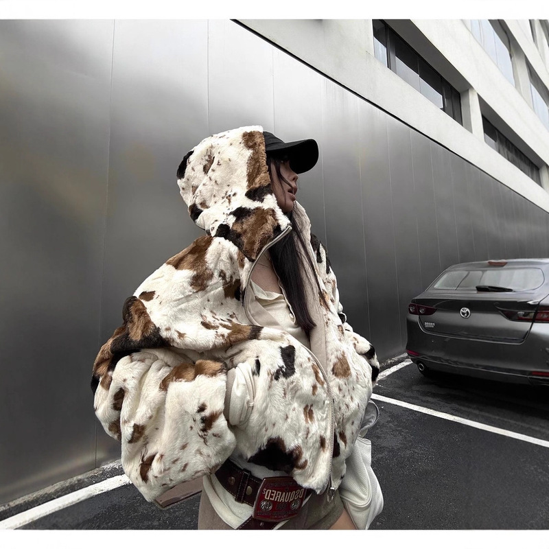 Cow Pattern Hooded Jacket for Hot Girls Reversible Loose Thickened Cardigan Sweatshirt