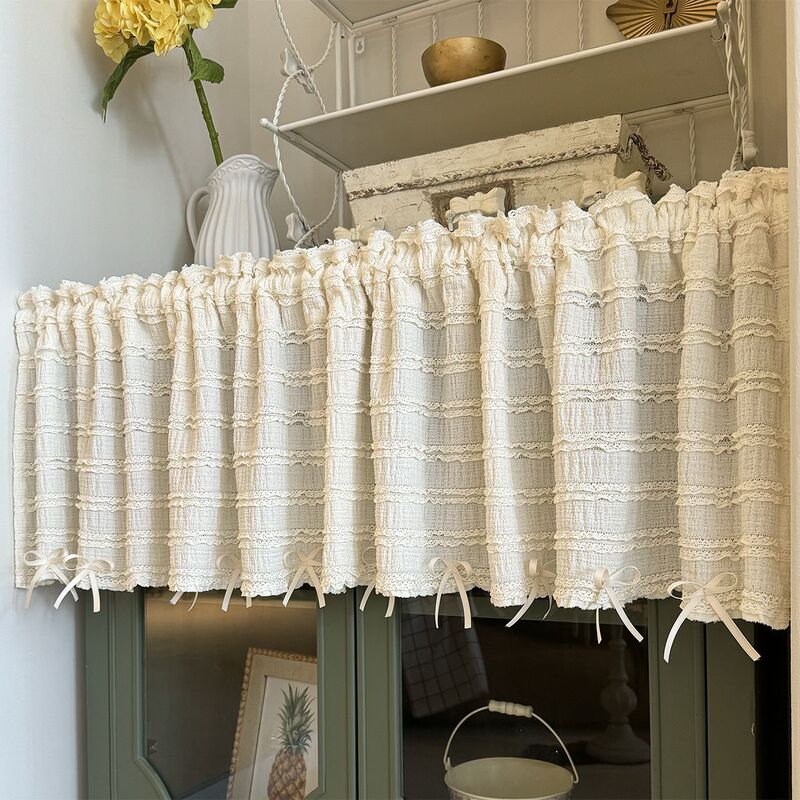 Bl389 Cream Cake Lace Ruffle Pleated Lace Kitchen Curtain Half Curtain Door Curtain No-Drill Rod-Mounted