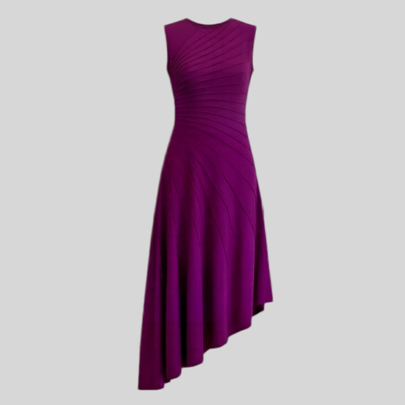 Cross-Border European and American Summer New Style French-Style Slim-Fit Irregular Line Round-Neck Sleeveless Waist-Cinching Knit Dress