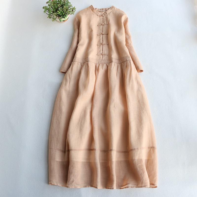 Loose Artistic Ramie dress Women's Spring and Summer Elegant Small Collar Retro Buckle Slimming Elegant Beautiful Dress