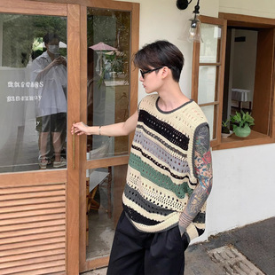 American Retro Color-Block Striped Vest Summer Thin Hollow Knit Sleeveless T-Shirt Trendy