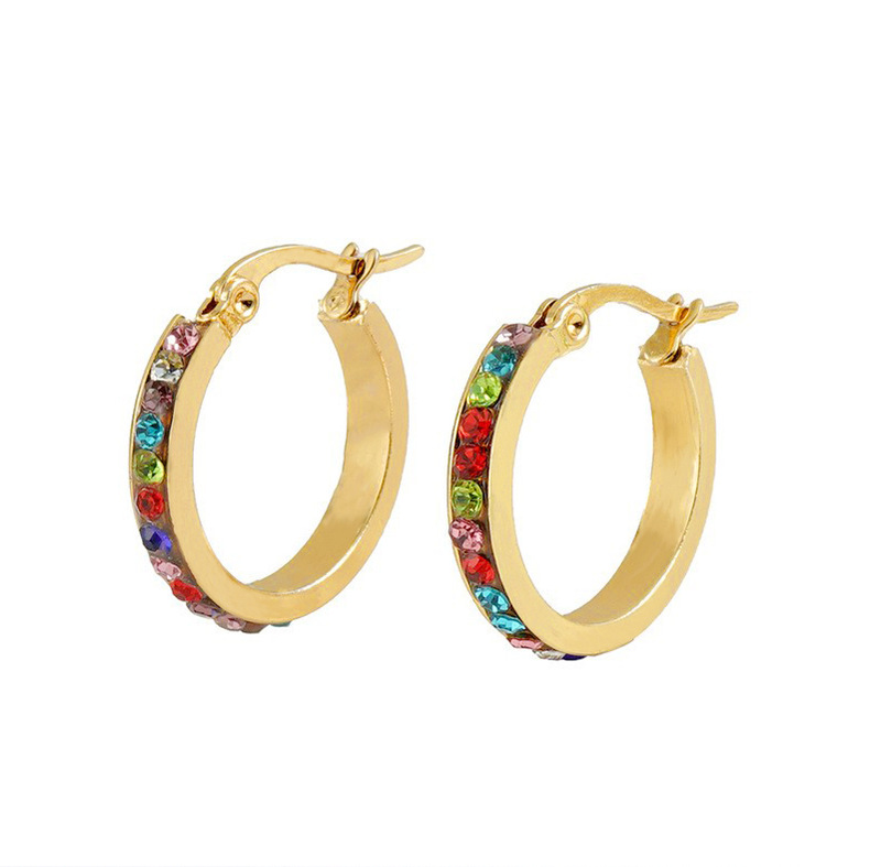 1 Pair Quantity Daily Occasion 1 Pair Lady Geometric Inlay Titanium Steel Rhinestones 18k Gold Plated Hoop Earrings