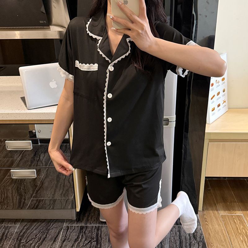 Venta al por mayor transfronteriza pijamas finos de verano para mujer pantalones cortos de manga corta de encaje de algodón de imitación