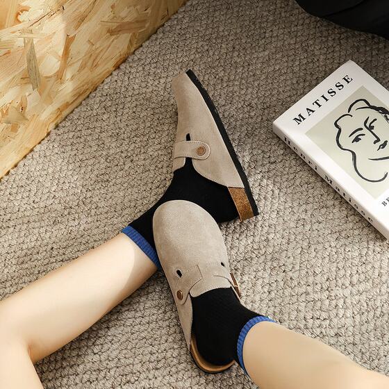 Genuine Leather Lazy French Style Retro Baotou Cork Bottom Height Increased Half-Drag Slip-on Big Toe Shoes Borken Shoes for Women