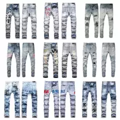 AM Fashion Men's Jeans Collection - Slim Fit Stretch, All-Season Patchwork Cotton-Elastic, Embroidered Leather Label, Distressed Printed