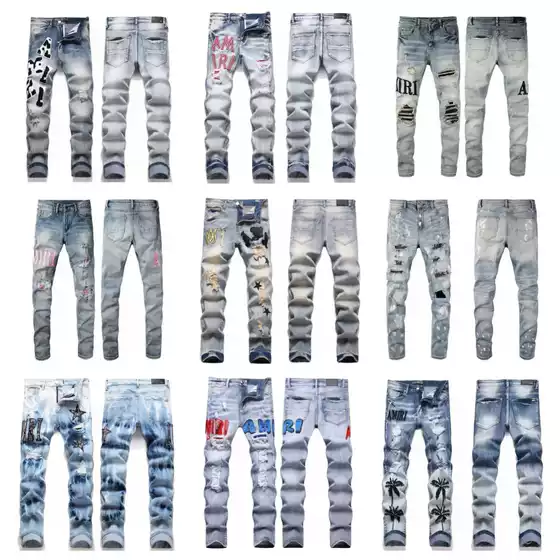AM Fashion Men's Jeans Collection - Slim Fit Stretch, All-Season Patchwork Cotton-Elastic, Embroidered Leather Label, Distressed Printed