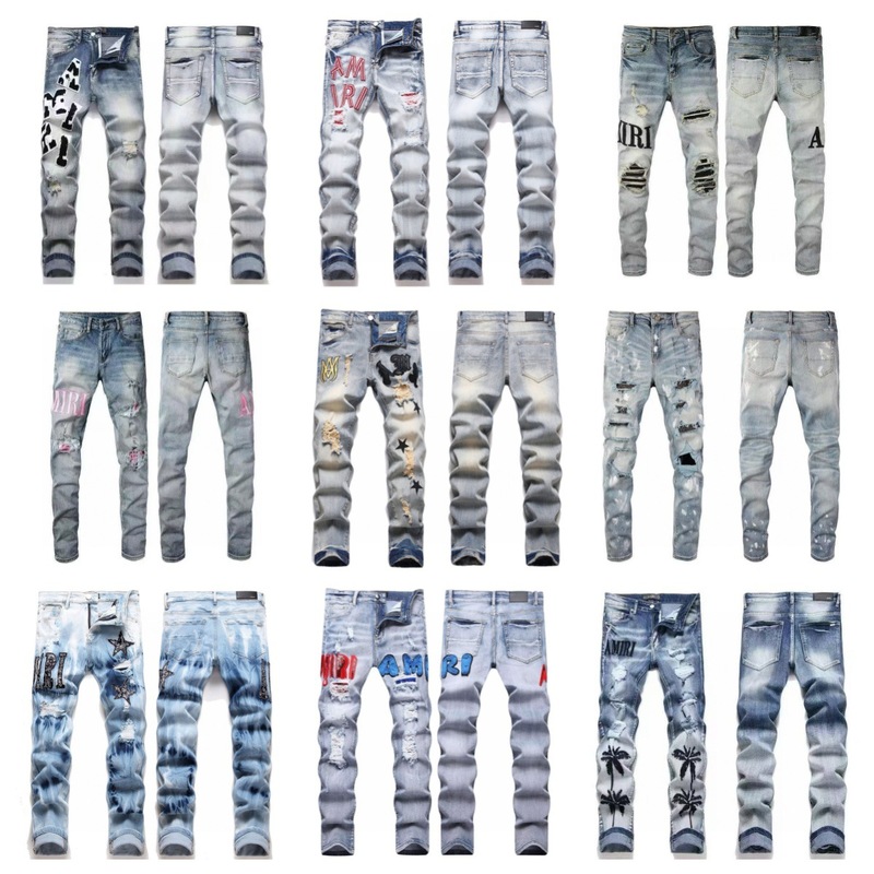 Am Export Slim Fit Elastic Four-Season Splicing Cotton Elastic Embroider Leather Label Ripped Printed Fashion Men's Jeans Collection