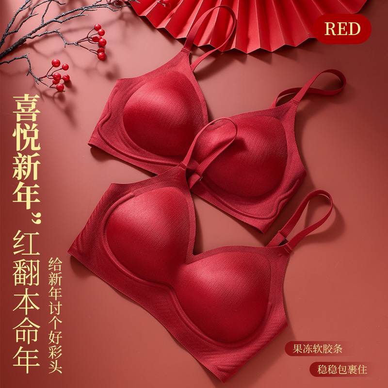 Red Zodiac Year Set Lucky Underwear for Women with Small Bust, Push-Up Bridal Wedding Anti-Sagging Side Breast Collection Seamless Bra