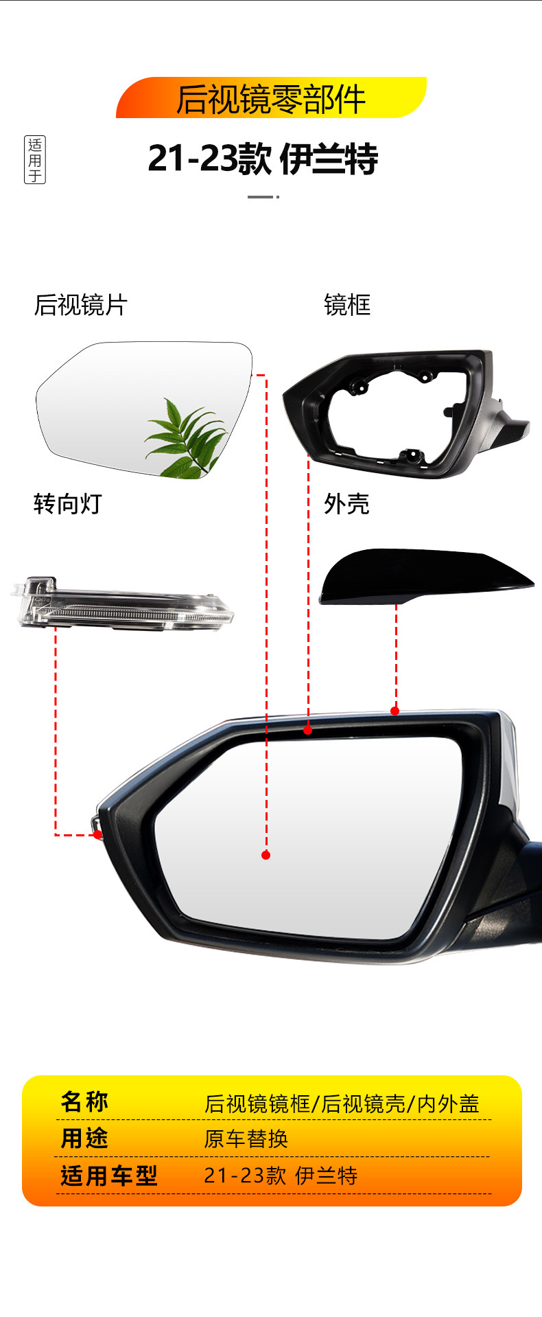Suitable for 20-23 Hyundai Elantra Rearview Mirror Housing Reversing Mirror Frame Turn Signal Reflective Lens Rear Cover