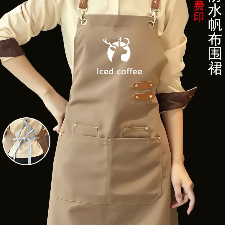 Canvas Apron Logo Printing Special for Catering Milk Tea Shop Flower Shop Coffee Hot Dyer Waterproof Work Clothes Women's Customization