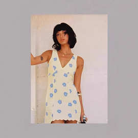 princess polly澳洲小众品牌花朵亚麻混纺撞色花朵V领无袖连衣裙