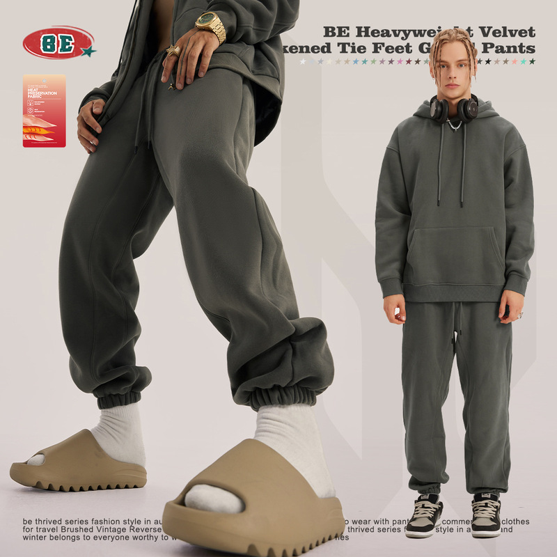 Be Men's Autumn and Winter Fleece-Lined Sweatpants American Style Loose Fit Trendy Thickened Men's Joggers Sweatpants with Cuffed Legs