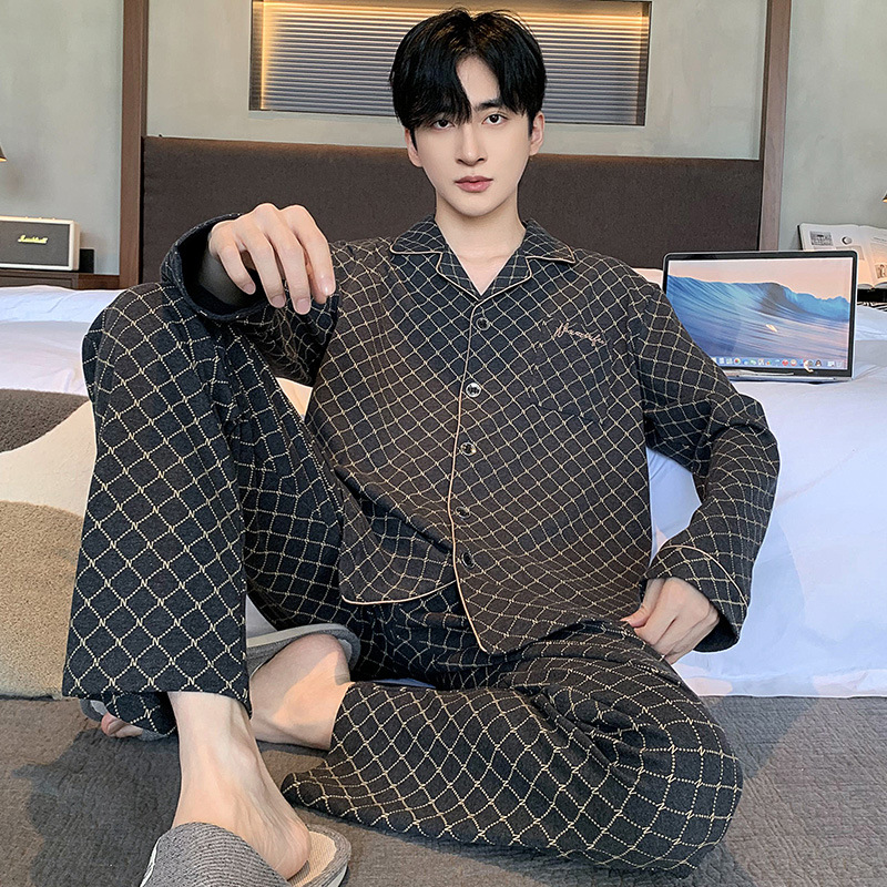 2025 新しいパジャマメンズ秋と冬の綿ルーズ長袖カーディガンラペルハイエンドホームウェアセット