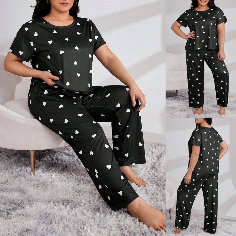 2025 Four Seasons Cross-Border European and American Foreign Trade Women's Clothing Amazon Round Neck Large Size Long Sleeve Heart-Shaped Printed Home Clothes Pajamas 2025 Four Seasons Cross-Border European and American Foreign Trade Women's Clothing Amazon Round Neck Large Size Long Sleeve Heart-Shaped Printed Home Clothes Pajamas