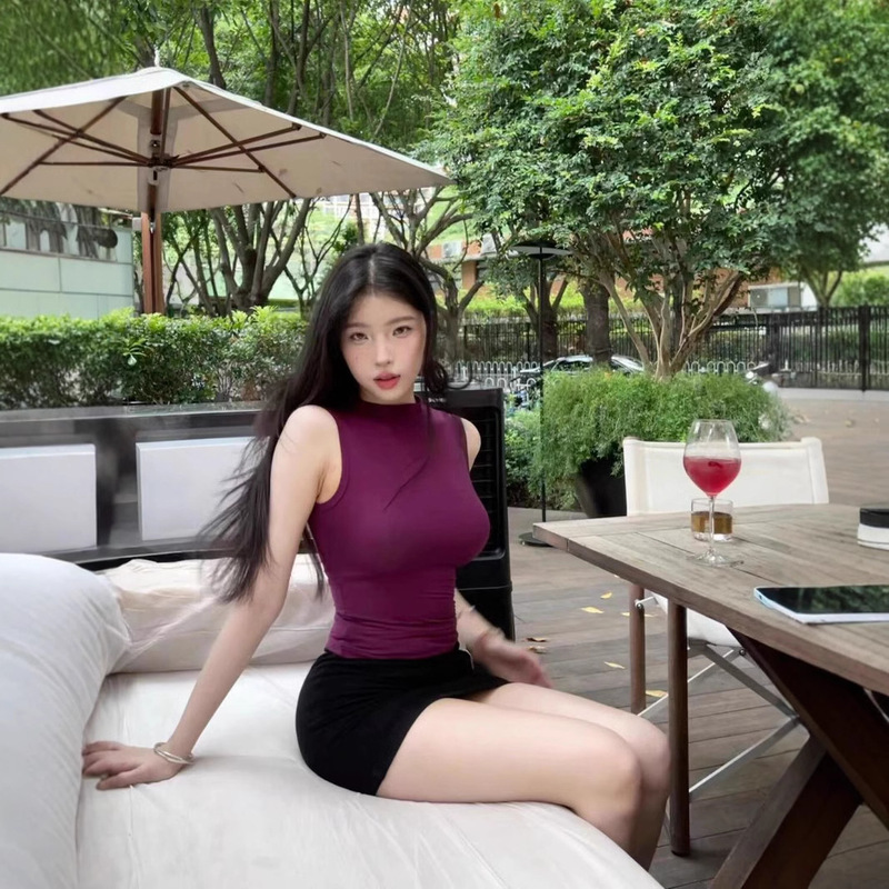 2025 Summer Purple Half Turtleneck Tight Sleeveless Vest t Hot Girl Slimming Look Bottoming Shirt Elegant Top for Women 2025 Summer Purple Half Turtleneck Tight Sleeveless Vest t Hot Girl Slimming Look Bottoming Shirt Elegant Top for Women