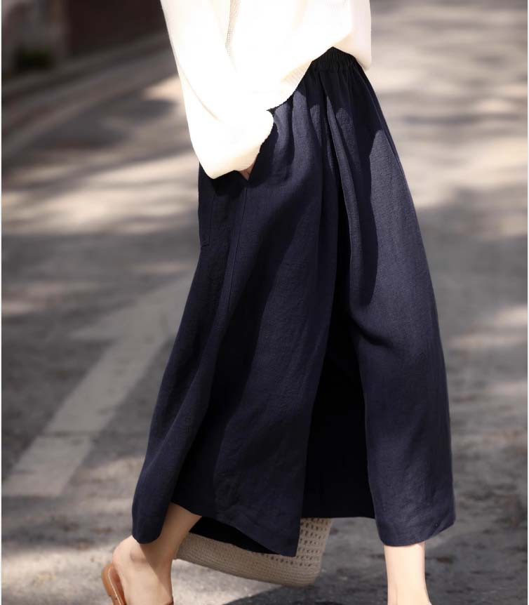 Quần culottes ống rộng vải lanh mỏng mát mùa hè nữ — Trắng sứ trơn, Xanh ngọc bích chi tiết 8