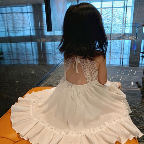 White lace backless girl's summer dress 2024 beach vacation sand strap dress children stylish skirt