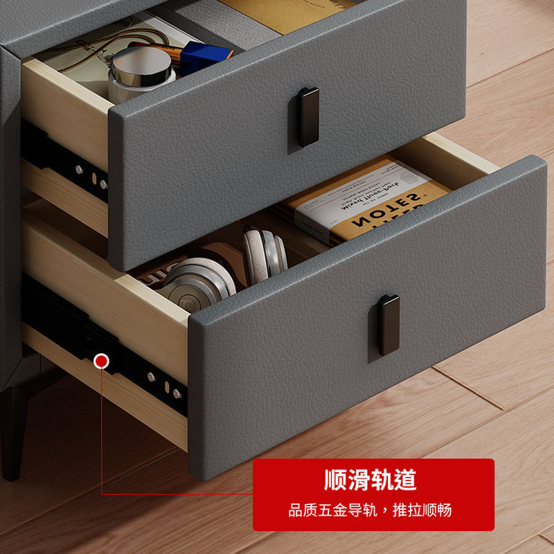 Mesa de cama de lujo ligera cuero moderno de madera maciza almacenamiento de dormitorio simple pequeño gabinete de cama almacenamiento de tablero de roca doméstico