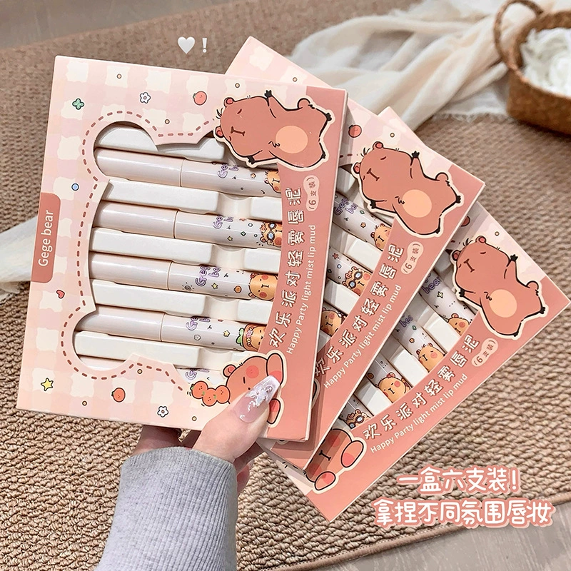 Gege Bear Happy Party Light Mist Lip Mud 6-парный набор, матовый, бархатистый, стойкий, легко наносимый блеск для губ