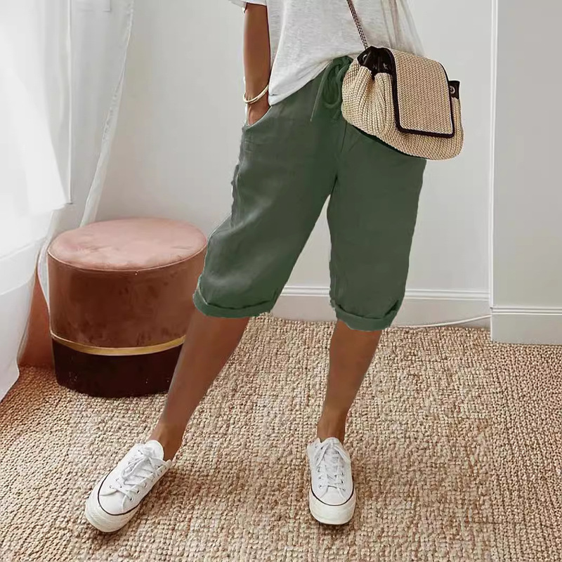 2024 European and American Cross-Border Amazon Independent Station Women's Cotton and Linen Flap Pocket Pants Elastic Casual Pants Women's Pants Five-Quarter Pants