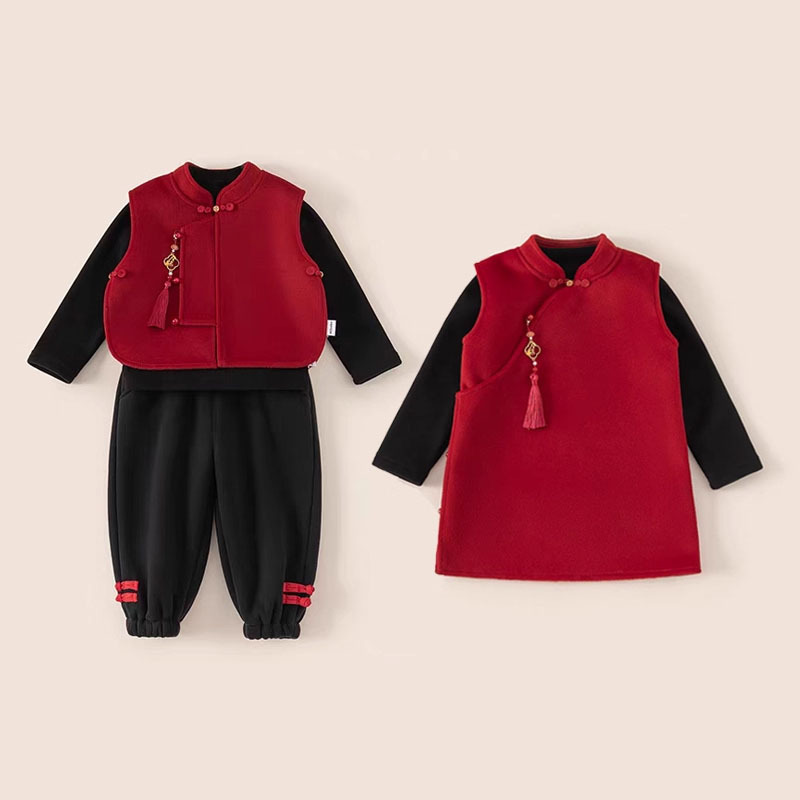 2026 Autumn/Winter New Style Girls' New Year Festive Chinese Style Vest Dress for Siblings