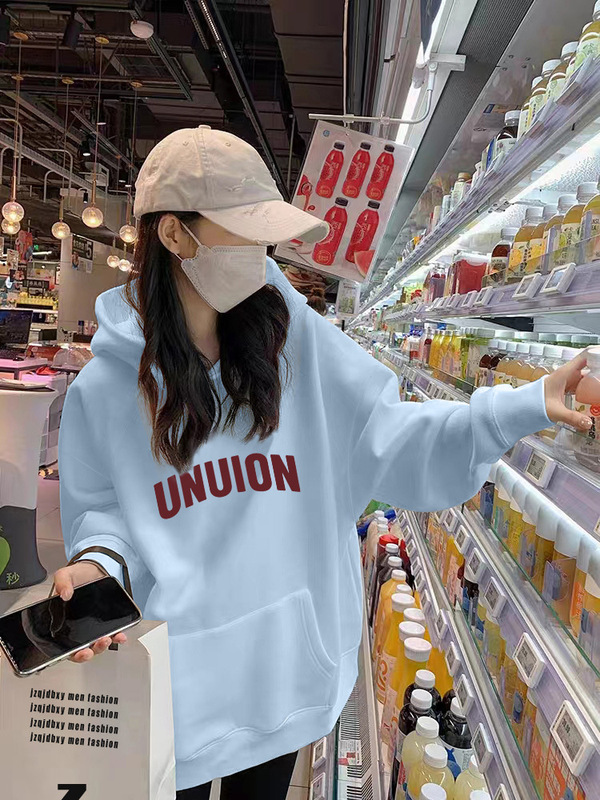 杏色连帽卫衣女2025新款秋季宽松大码上衣韩系胖mm加绒外套潮|undefined