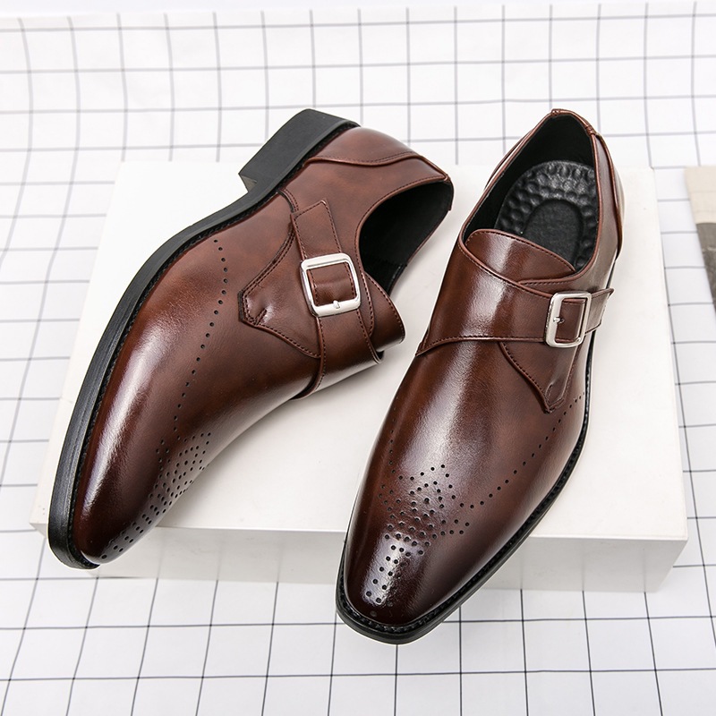 British Style Men's Carved Brogue Business Casual Shoes Cross-Border Large Size Buckle Formal European and American Square Toe Men's Shoes