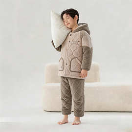 【儿童冬季三层夹棉灯芯绒睡衣】男款加厚外穿休闲居家服省服（追