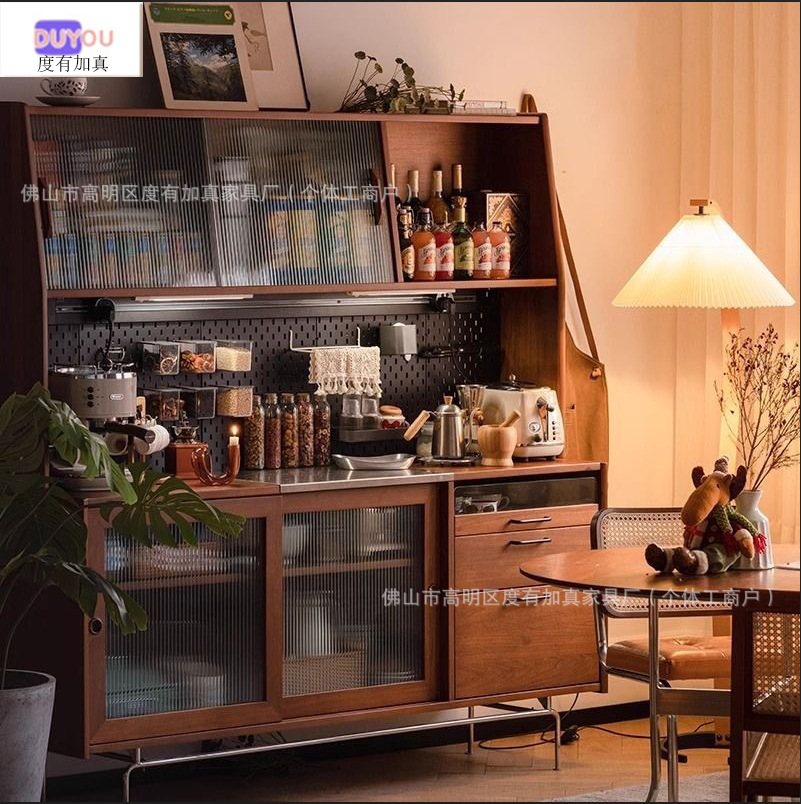 Nordic Solid Wood Sideboard Modern Home Wall-Mounted High Cabinet Tea Cabinet Kitchen Integrated Retro Storage Cabinet Wine Cabinet