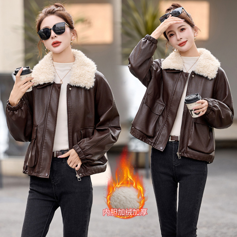Counter Fleece-Lined Thickeneded Leather Jacket for Women 2025 Winter New Style Short Style Lamb Fur Collar Goatskin Leather Jacket Counter Fleece-Lined Thickeneded Leather Jacket for Women 2025 Winter New Style Short Style Lamb Fur Collar Goatskin Leather Jacket