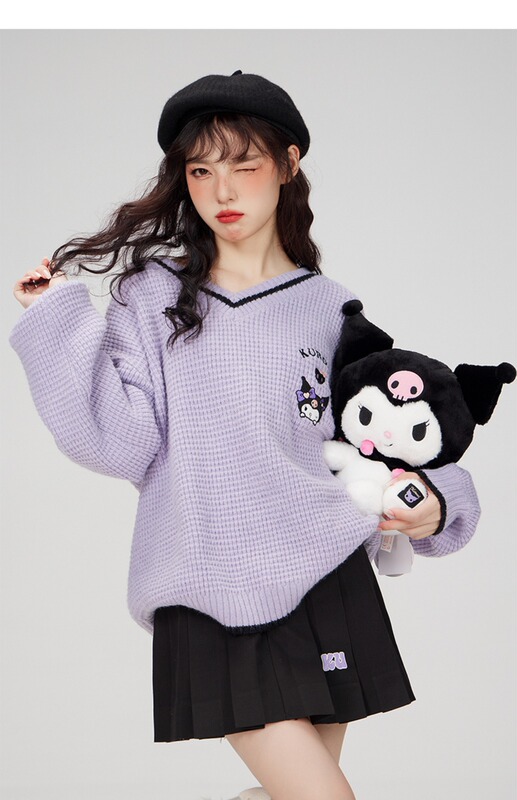 Kuromi Embroidered Knitted Sweater Women's Navy Collar Loose College Style Cute Style Sweet Soft Waxy Style Fashionable for School
