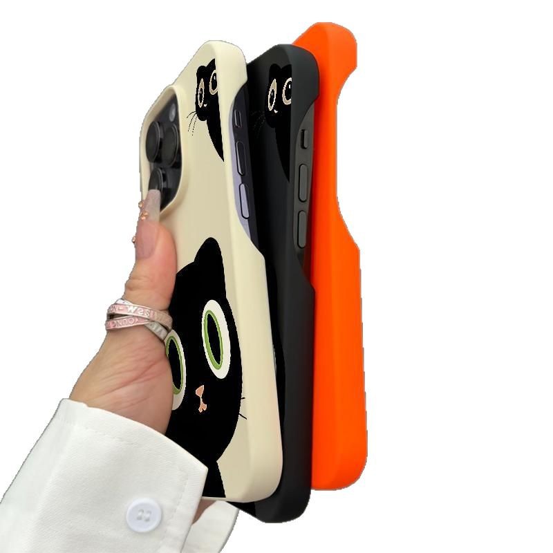 Funda para teléfono con diseño de gato negro de ojos grandes, compatible con iPhone 16/15 Pro Max, funda de media cubierta para 14, funda para 13/12, funda de dibujos animados para 11.