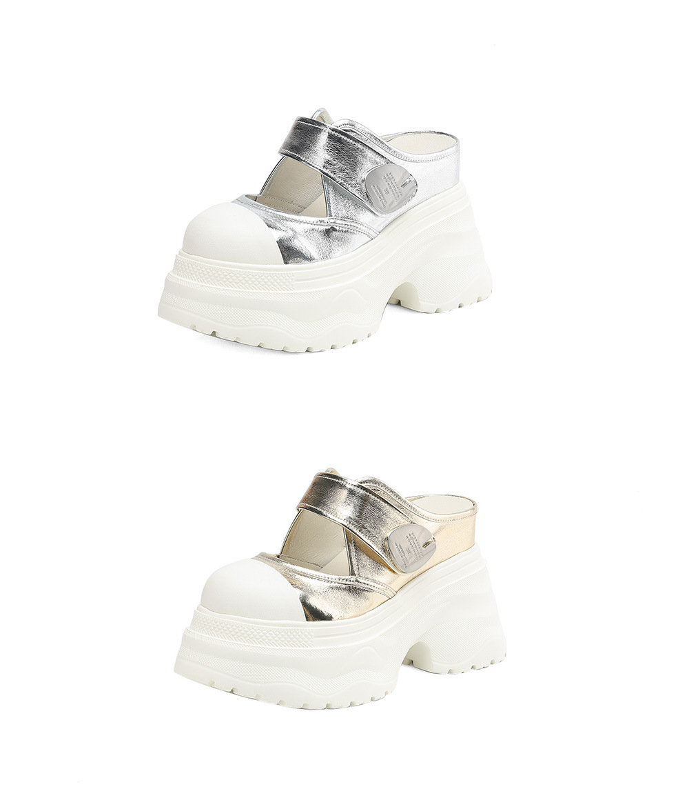 Dép lê đế dày 12cm nữ bít mũi phối màu quai Velcro — Màu vàng trắng, Màu trắng bạc chi tiết 17