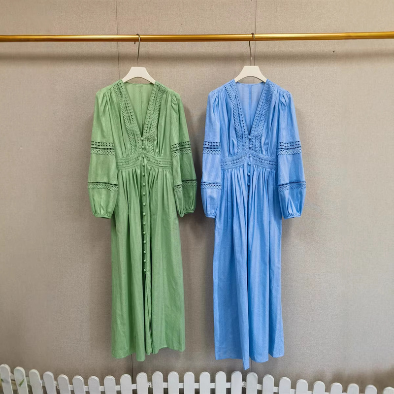 French Romantic Style 26 Spring and Summer Lace Cut Out Lantern Sleeves V-Neck Jacquard Cotton Dress Elegant Long Dress French Romantic Style 26 Spring and Summer Lace Cut Out Lantern Sleeves V-Neck Jacquard Cotton Dress Elegant Long Dress