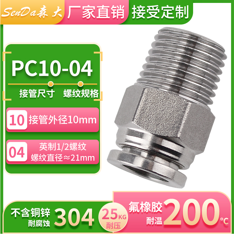Conectores de tubería de aire de acero inoxidable, inserción rápida neumática con rosca a través de hilo interno, manguera de alta presión, conexión rápida PC/PCF