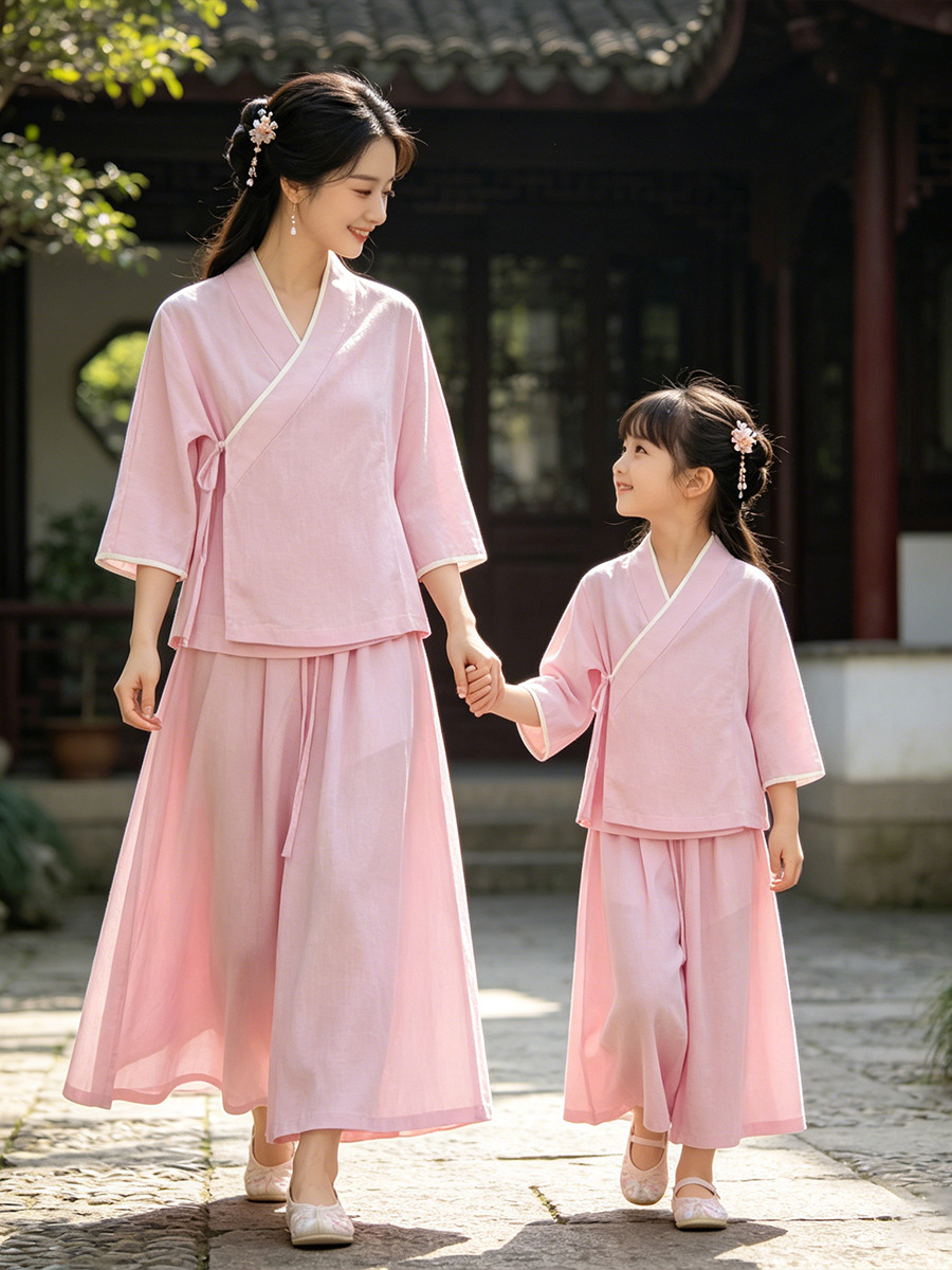 Váy mẹ con Hán phục cải tiến tay lỡ mùa hè chất liệu lanh pha sợi Lyocell phong cách Tân Trung Quốc — Màu hồng - Váy