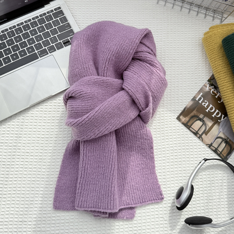 韩系氛围感纯色针织毛线围巾女秋冬季仿羊绒冬天保暖小围脖男批发